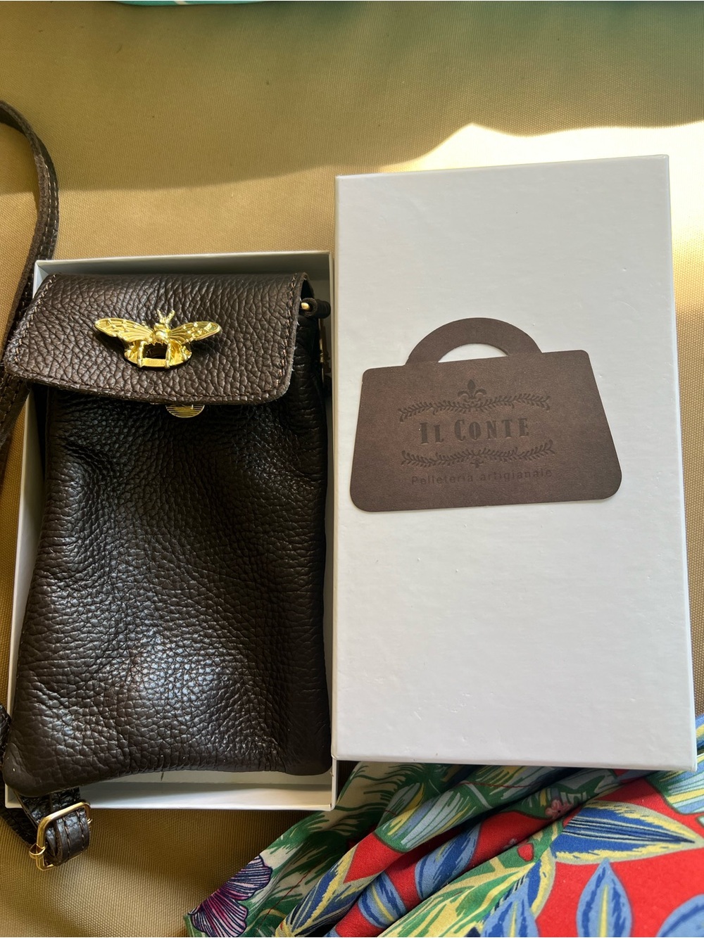 Dark Brown Leather Crossbody Clutch with Gold Bee Accent